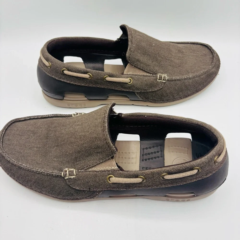 CROCS Men's Brown Canvas Slip-On Boat Shoe with Tan Accents